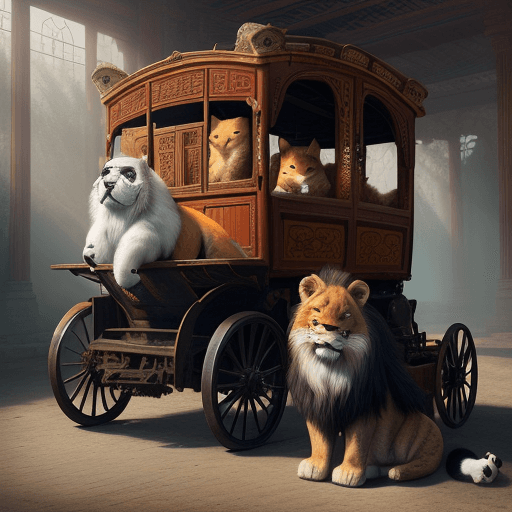AI generated: cat playing Lost carriage on his shoulder and the passengers are lion, panda, dog and fox site on se...