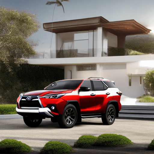 AI generated: Toyota Fortuner concept car, front side view in front of luxury house