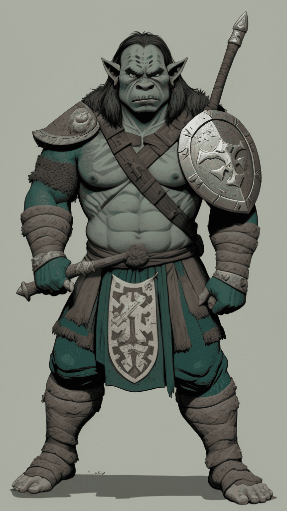 AI generated: a drawing of a orc with shield and bone club, in the style of adventure pulp, dark white and bronze,...