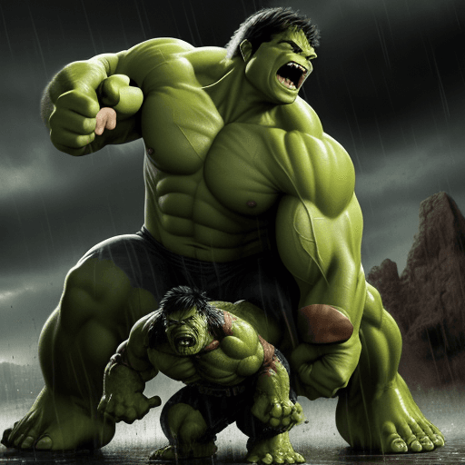AI generated: HULK & T REX , Epic Fight in the Rain