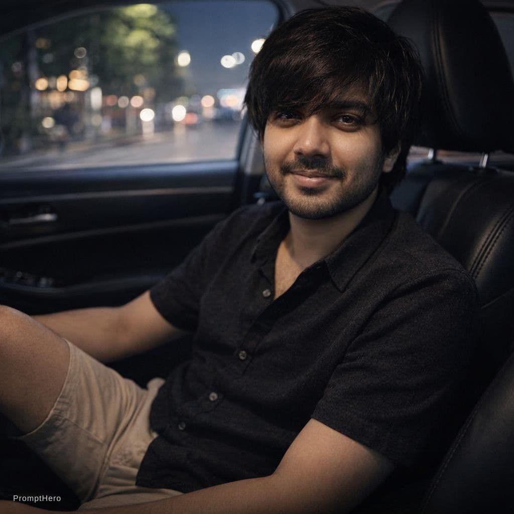 AI generated: Short evening outfit, sitting in a car.