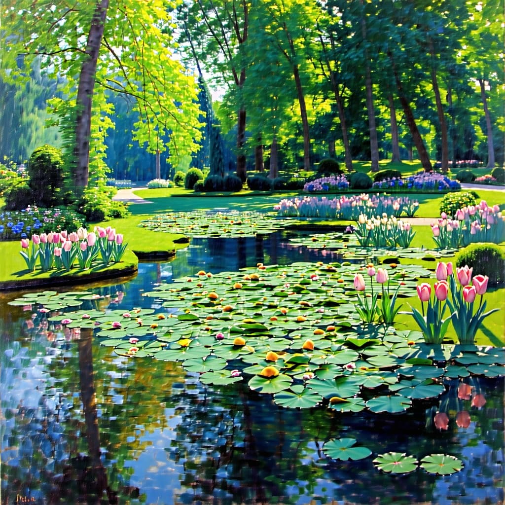 AI generated: (Masterpiece), (("Irisbeet in Monets Garten"
 (1900) by Claude Monet ) )), Inspired by the style il...
