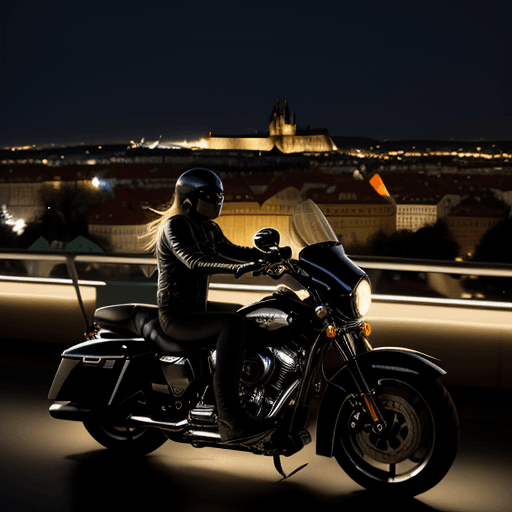 AI generated: Night-time Prague lights up as we cruise through the city in our motorcycle Harley Davidson