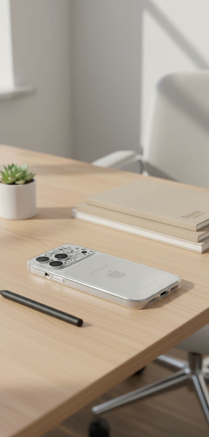 AI generated: Studio style. In a working desk. Face to the desk. Design of iPhone 17 back remain unchanged. Bright...