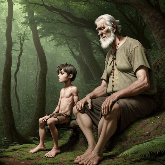 AI generated: frontal view of a young prehistoric boy and a tall and old prehistoric man.  Boy and Man sit nearby,...
