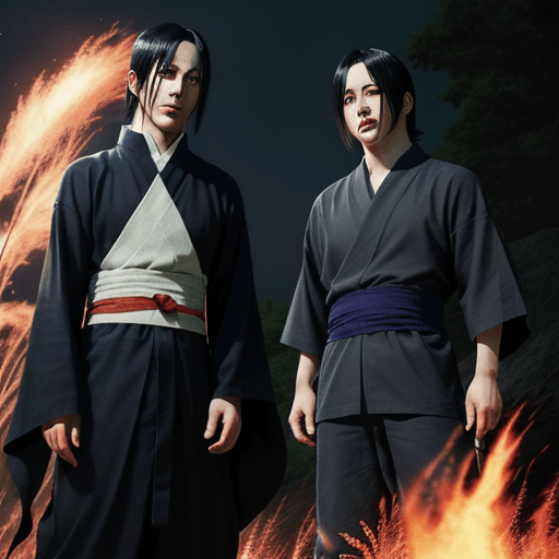AI generated: itachi and sasuke standing against eatchother redy to ight , cool image with fire in background 