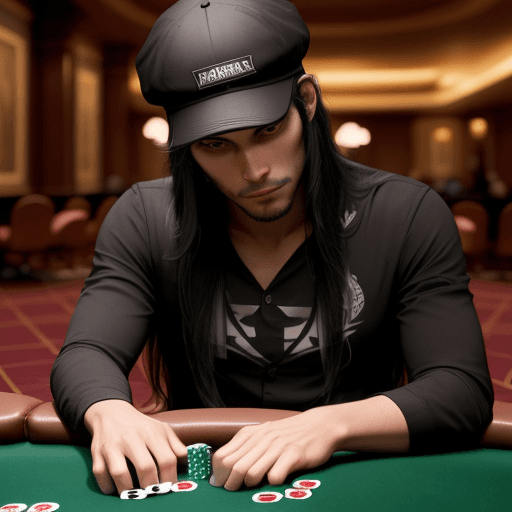 AI generated: A man with black long hair wearing a cap sits at a poker table