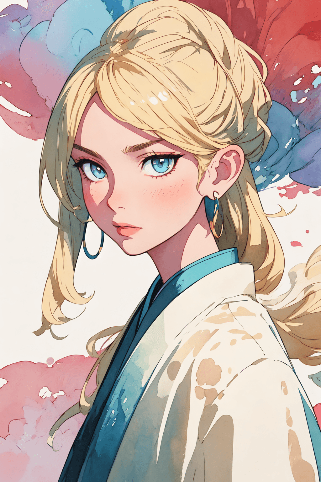 AI generated: illustration, ink color, watercolors, 1girl, solo, Chinese style, whole-body, handsome, sniveling, c...