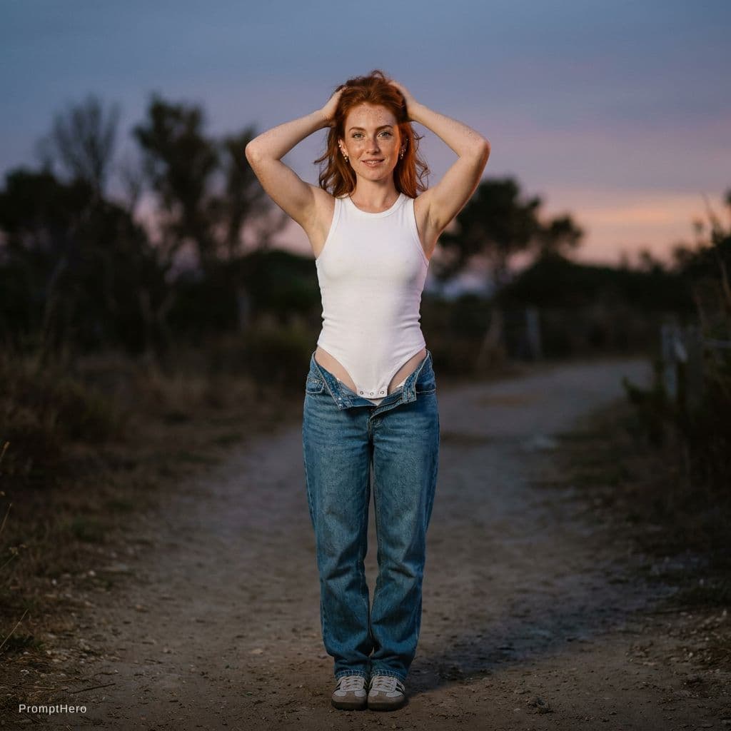 AI generated: Ultra-realistic twilight Head to toe shot of a red-haired woman with bright green eyes, freckles viv...