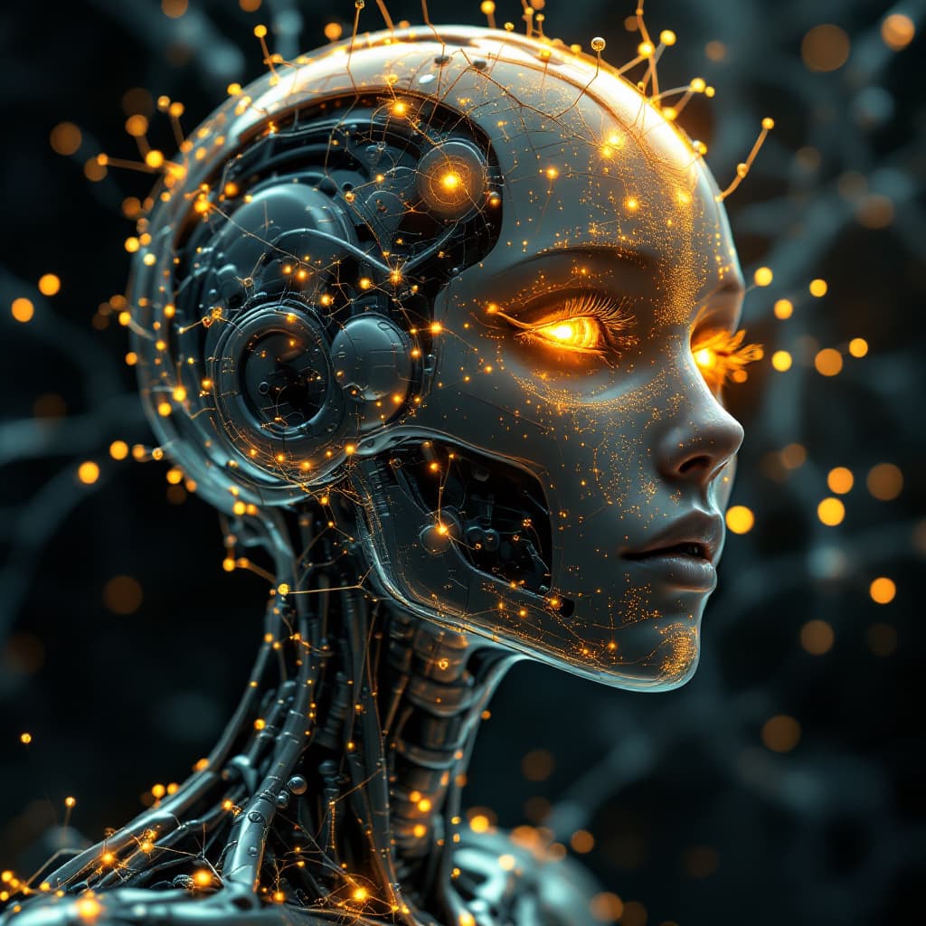 AI generated: A stunning illustration of an ethereal neural network organism, full body is robotic skeleton, stunn...