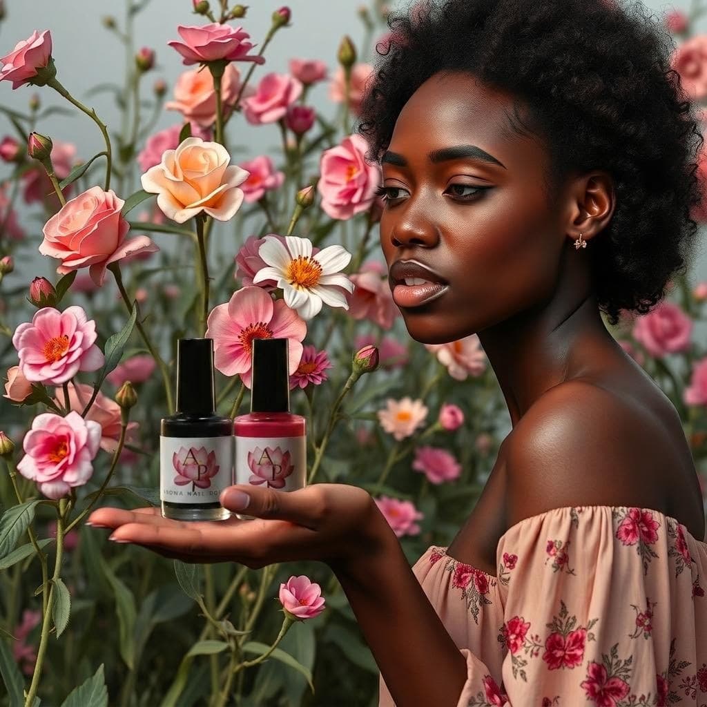 AI generated: Can you combine the two photos and make sure the nail polish bottle's not so big