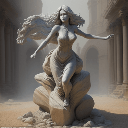 AI generated: she is a gorgeous woman-like being created out stone ((she is coming out from the ground), dust danc...