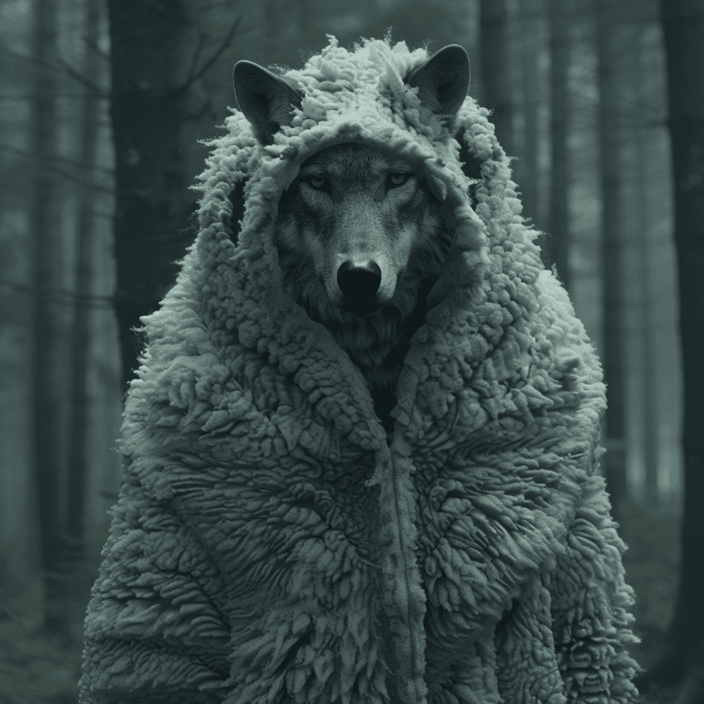 AI generated: a wolf wearing a sheep costume, no one knows his true plans, 4k, high definition