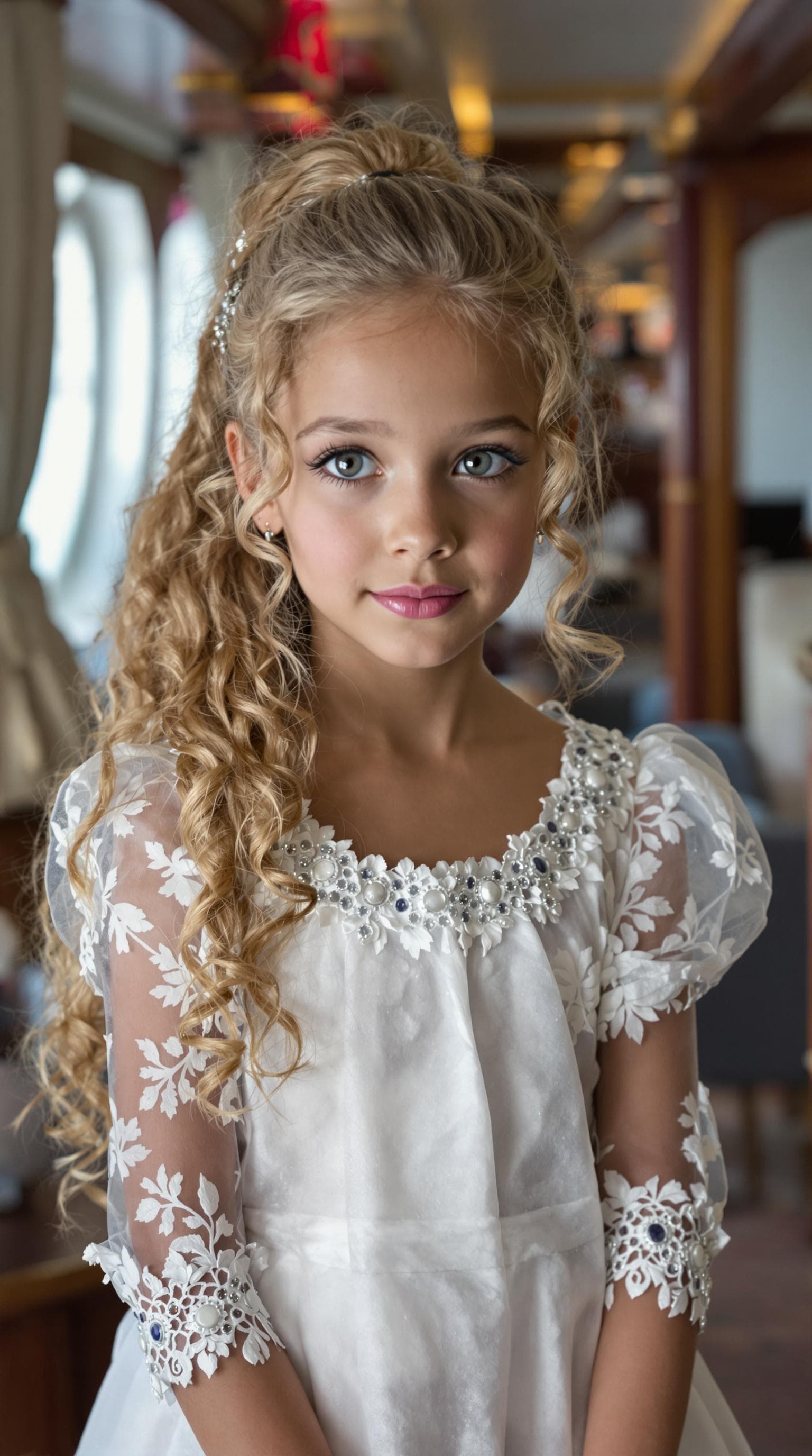 AI generated: a professional photo of a exceptionally beautiful girl aboard the Queen Mary (age 7), (seven year ol...