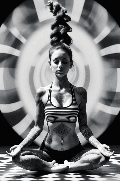 AI generated: Double exposure surreal fantasy tattooed female with black and white stripes doing yoga and Hybrid p...