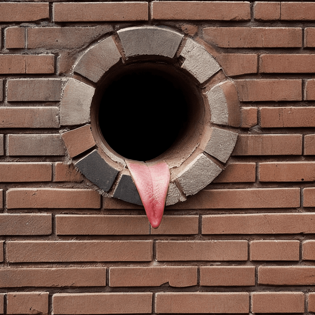 AI generated: a wall of bricks showing tongue sticking tongue out from the hole