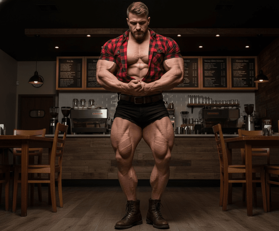 AI generated: At a coffee shop with no customers, the bodybuilder is 6'4" tall, he has huge muscular shoulders and...