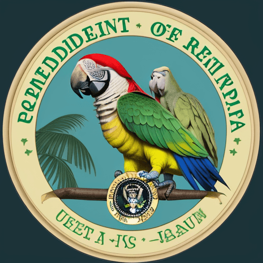 AI generated: the official seal of "THE PRESIDENT OF THE BANANA REPUBLIC","IN GANJA WE TRUST", a parrot as the sta...