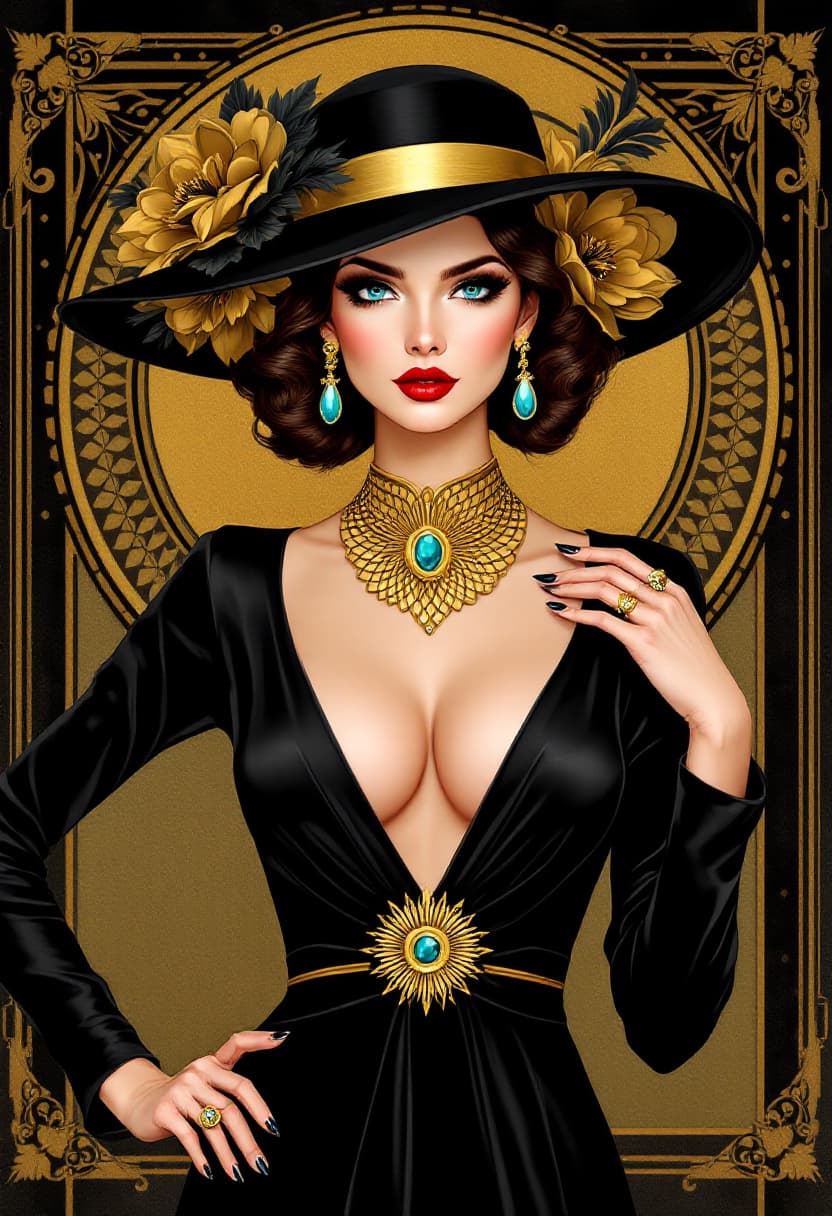 AI generated: A striking portrait illustration in an Art Deco style features a woman standing confidently against ...