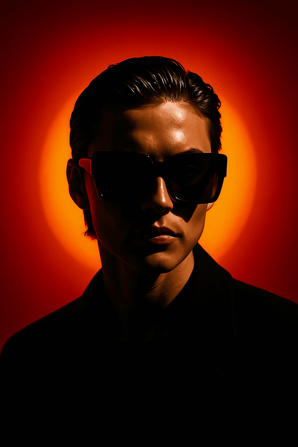 AI generated: A person with slicked-back dark hair wearing oversized square sunglasses is shown in a dramatic, cin...