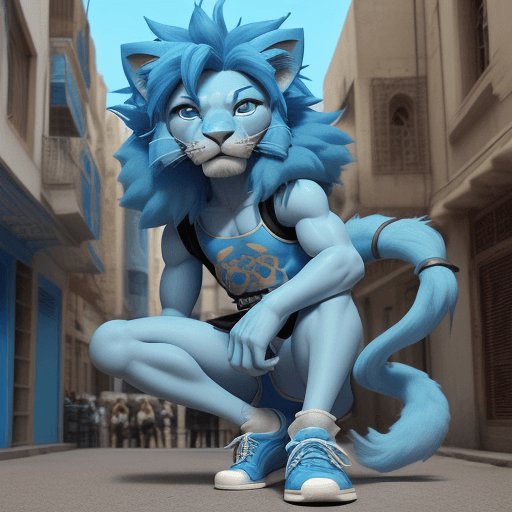AI generated: ((Leon)), blue cartoon IP character little lion, visiting in front of Middle Eastern style building,...