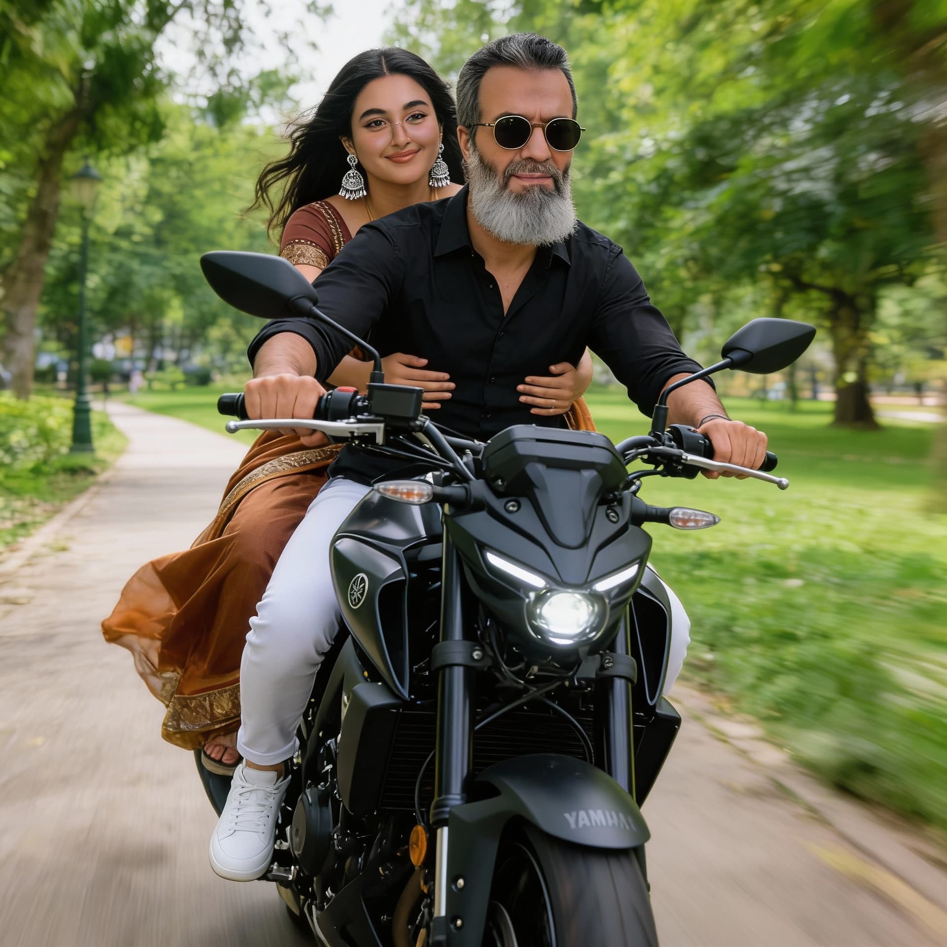 AI generated: Create a realistic 4K cinematic close-up front shot of a man slim-fit couple riding a sleek black Ya...