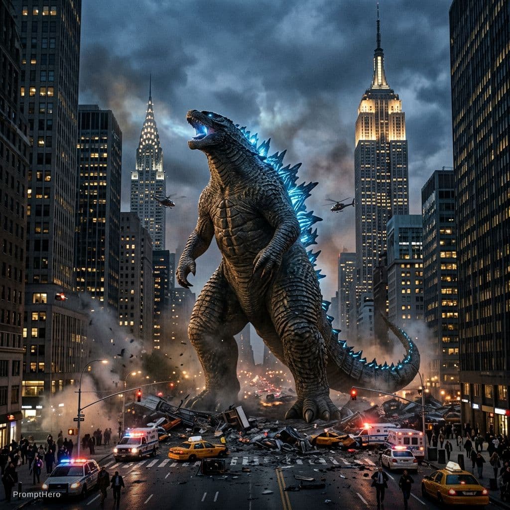 AI generated: Gozilla between skyscraper of new york