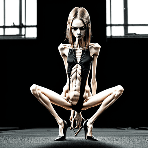 AI generated: squatting position of extreme skinny slender anorexic girl very skinny slender girl, with long curve...