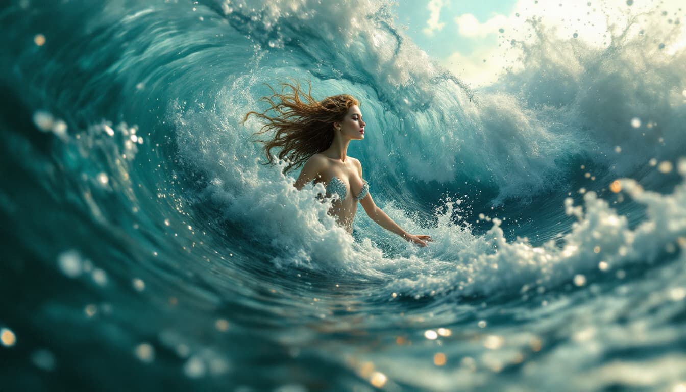 AI generated: Low angle of a graceful mermaid emerging from the ocean waves, enchanting and mesmerizing, art by Be...