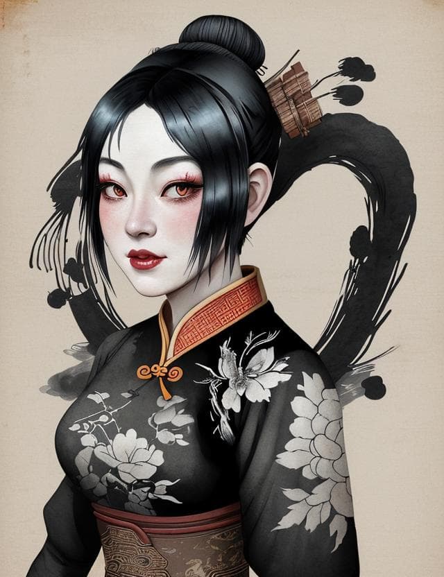 AI generated: DEwoman, Chinese Ink Painting, Decopunk, Gleeful, Virtual Texturing, Frostbite engine, Post-Impressi...