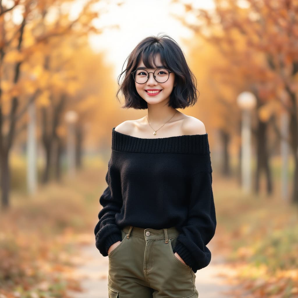 AI generated: a Japanese girl, thick eyebrows, , short black wavy hair with long bangs, wearing a black knitted of...