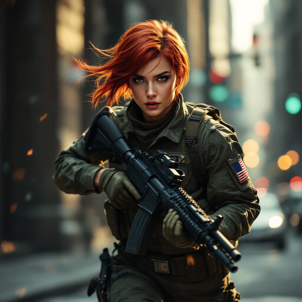 AI generated:  femle,A red short hair, medium length, fit female soldier, strong muscles,
USA military suit,  carr...