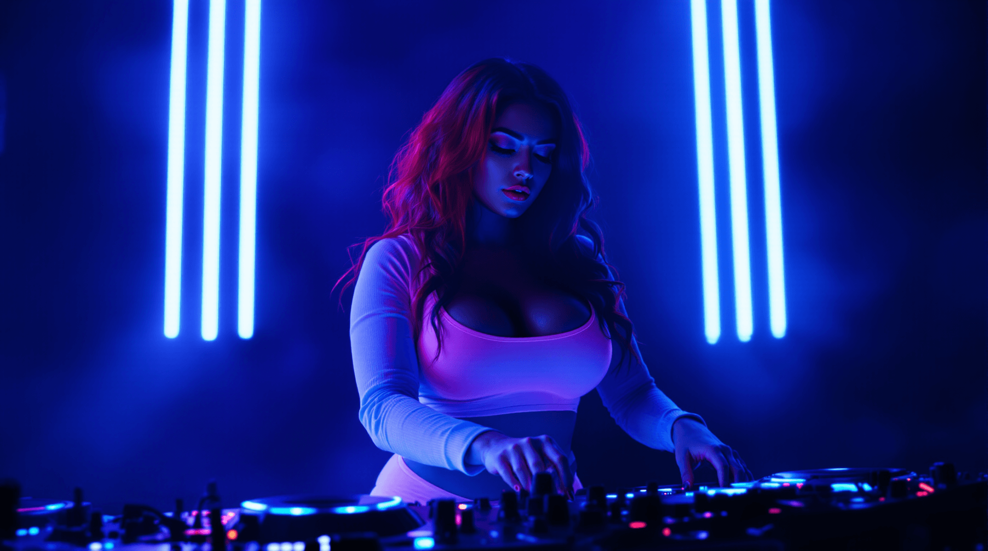 AI generated: A Stunning Beauty voluptuous Curvy DJ Woman, With Red and Balck hair, and her Larger Bust
Wear Short...