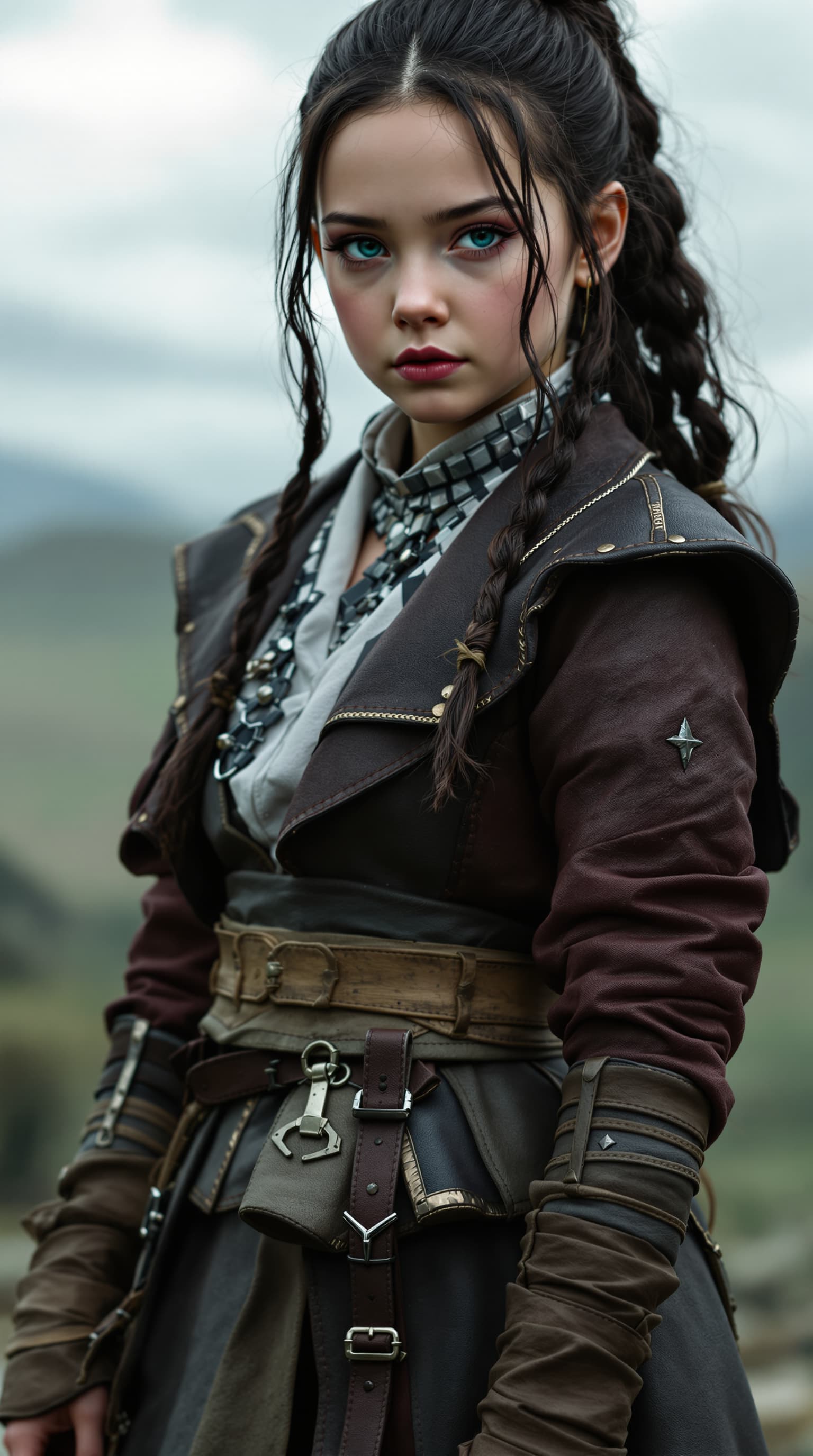 AI generated: A hyper-realistic depiction of seven year old cosplayer as Freya Allan from into the badlands




