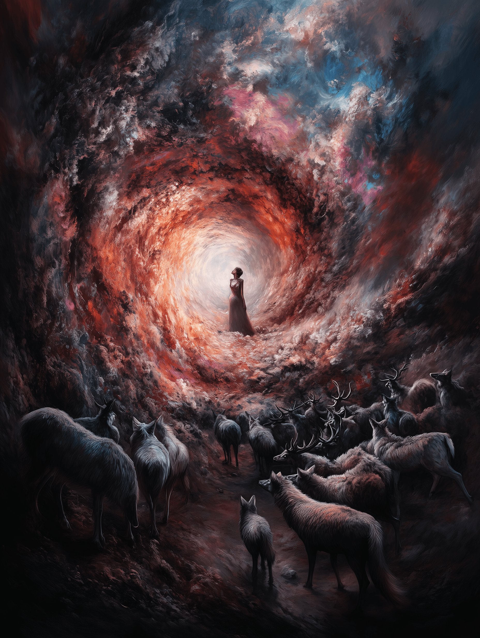 AI generated: Dreamlike Encounter Capture the woman standing in a surreal landscape, surrounded by a swirling vort...