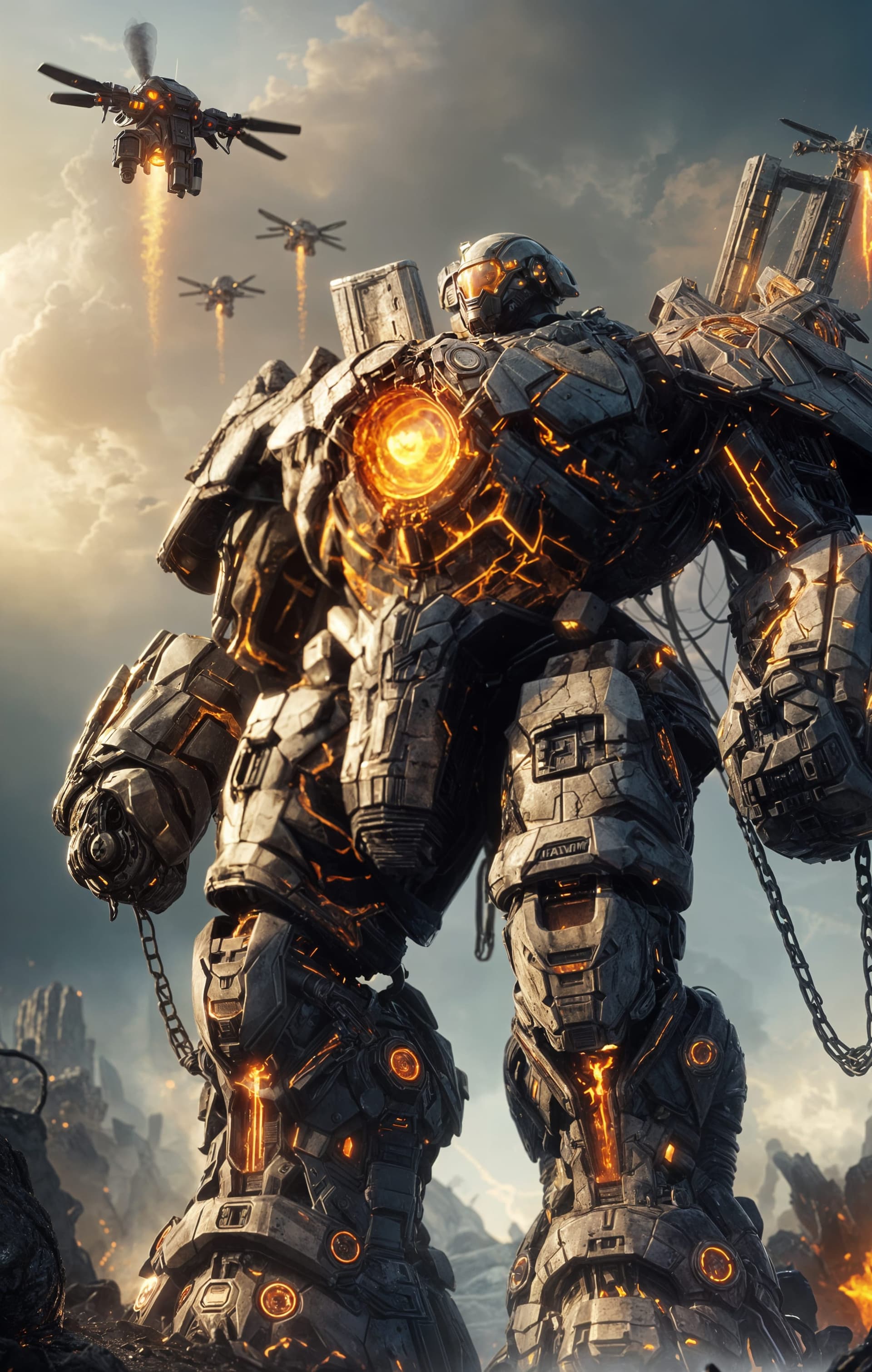 AI generated: A colossal battle-worn mech with a molten core, towering over a scorched battlefield. Its armored bo...