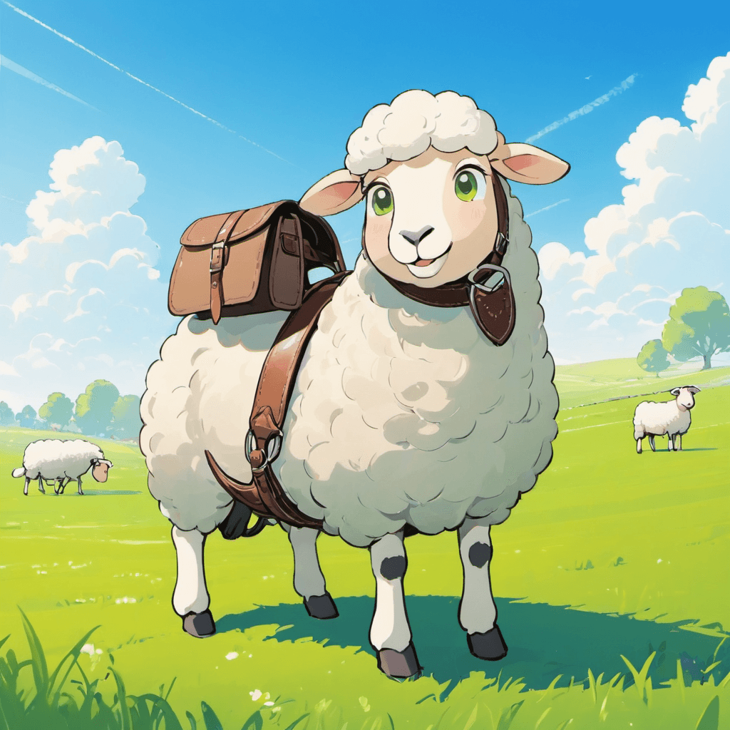AI generated: cartoon sheep with a horse saddle, green pasture and clear sky background
