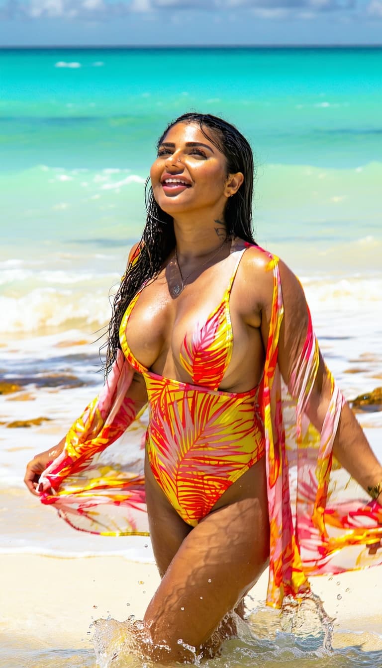 AI generated: INDIAN wife is enjoying a relaxing day on a sunny beach, basking in the warmth of the golden sun. Sh...