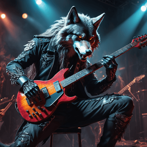 AI generated: a wolf from hell playing guitar on stage, with long hair, dressed as a rock star, cinematic, insane ...