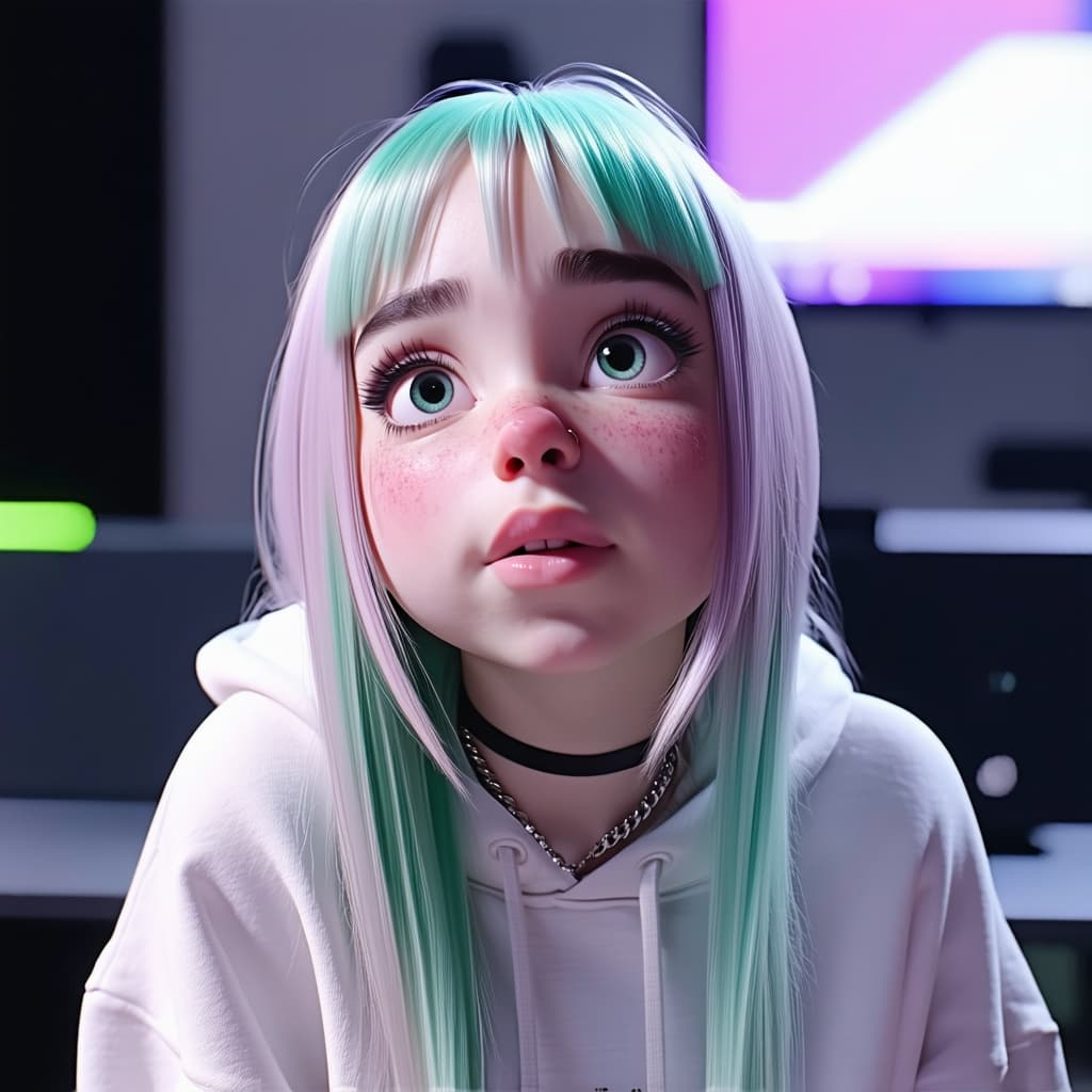 AI generated: billie eilish 4K UltraReal 3d image, cute girl, in the style of Pixar --ar 1:2 --stylize 750