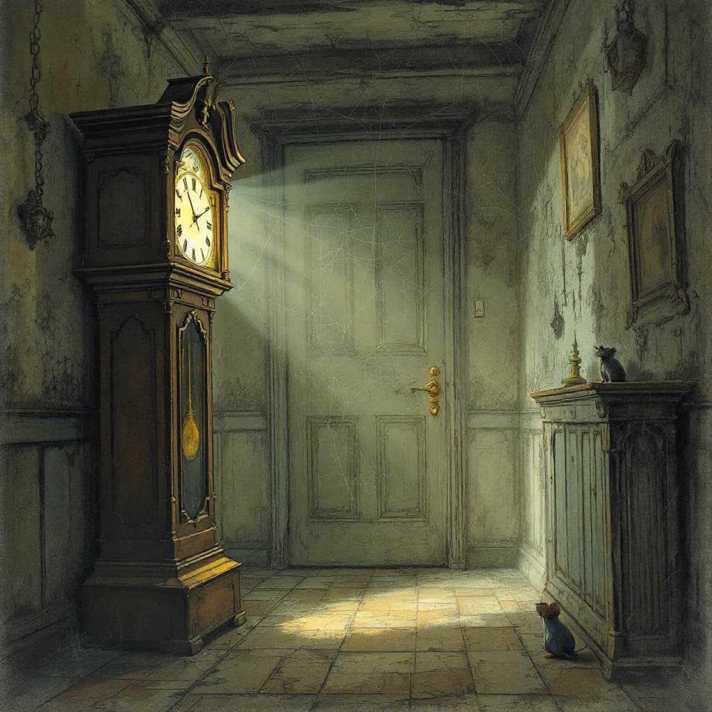 AI generated: An ancient grandfather clock stands in a hallway that leads to a closed door that has cob webs. Ther...