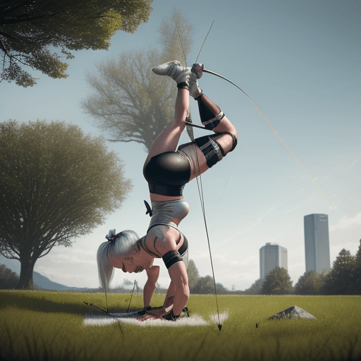 AI generated: A Beautiful Athletic woman using her feet to aim with a bow, a ((foot archer)) highly detailed, 8k s...