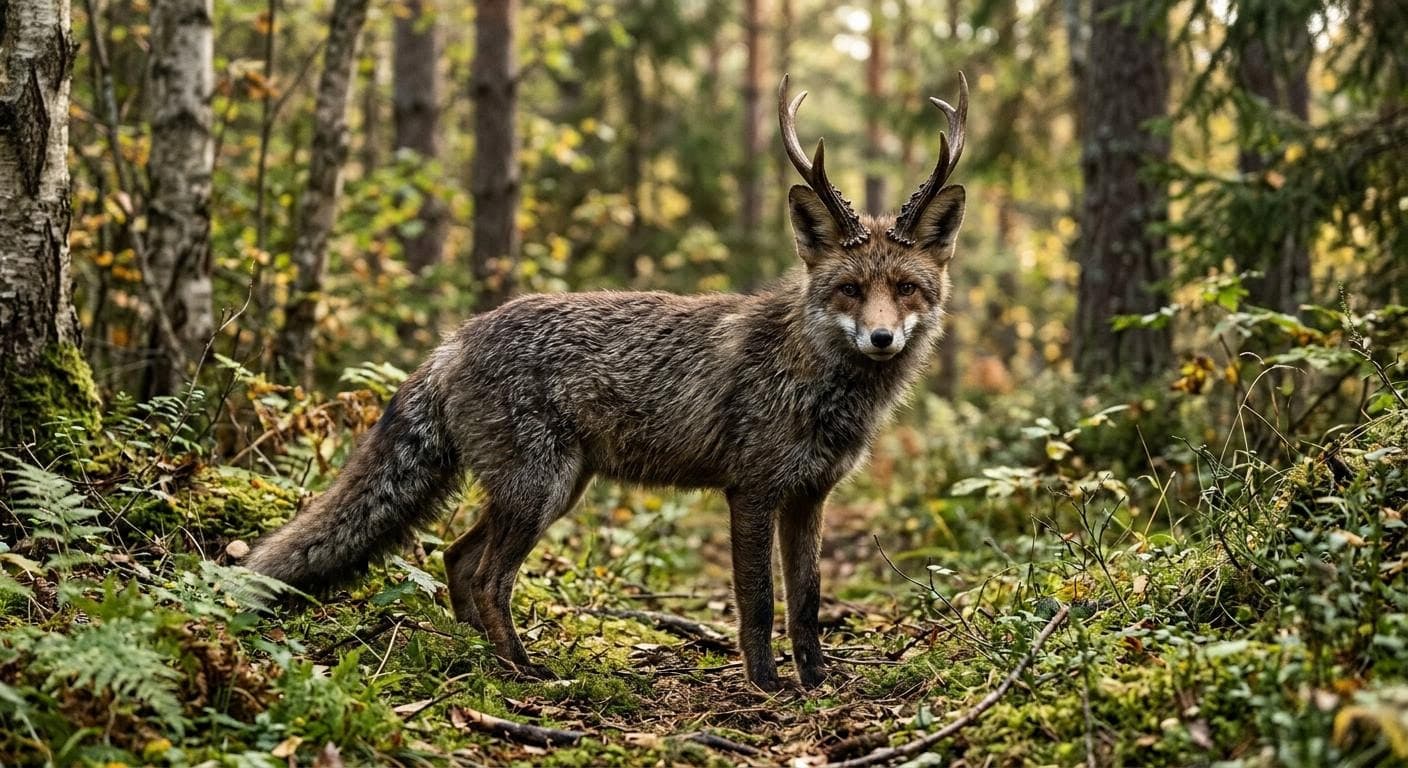 AI generated: Create a new animal that is a mix of a moose and a fox keeping the size and body of the fox but keep...