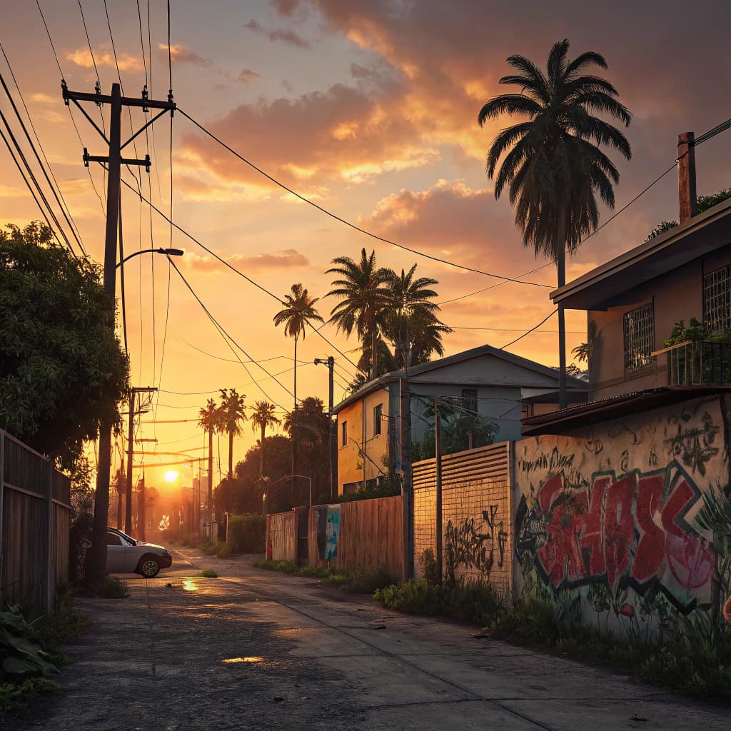 AI generated: Create a realistic image of a sunset in a tropical neighborhood with elements of a gangster neighbor...