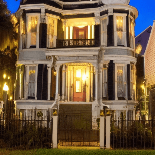AI generated: a beautiful Victorian house at night in Savannah