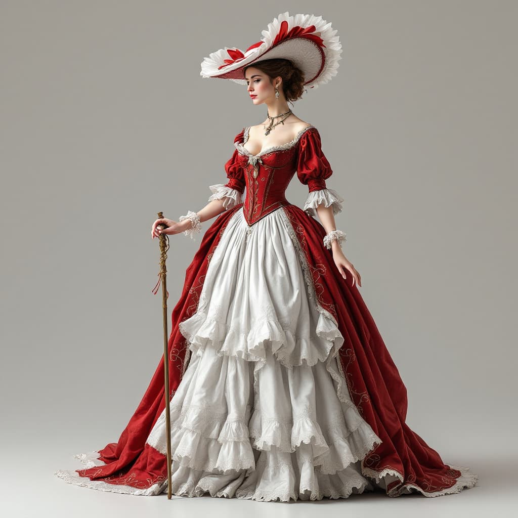 AI generated: a sexy woman in a red and white dress and hat holding a rod, wearing an under skirt, cgsociety conte...