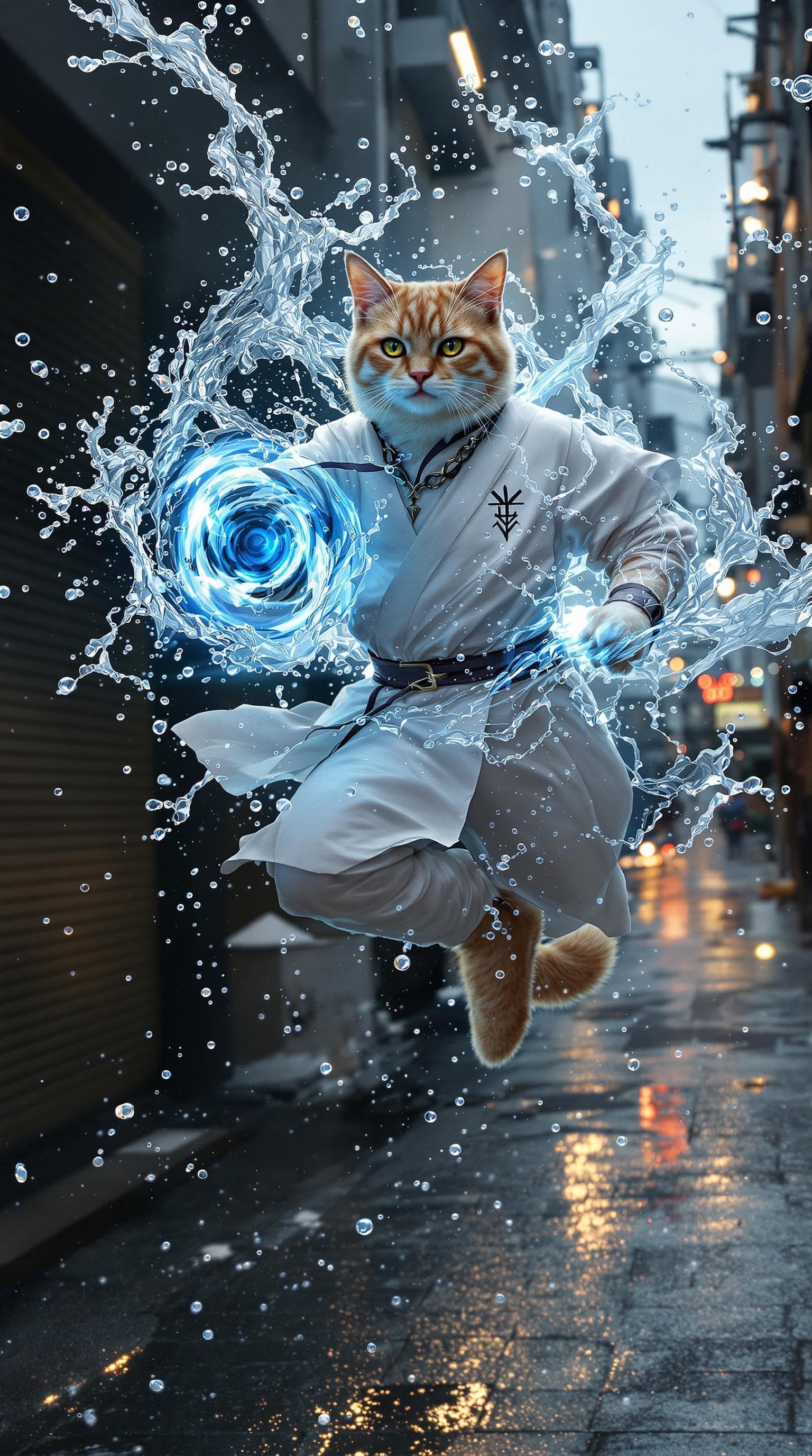 AI generated: an anthropomorphic cat wearing white linen is depicted in an action pose, swirling water with an arr...