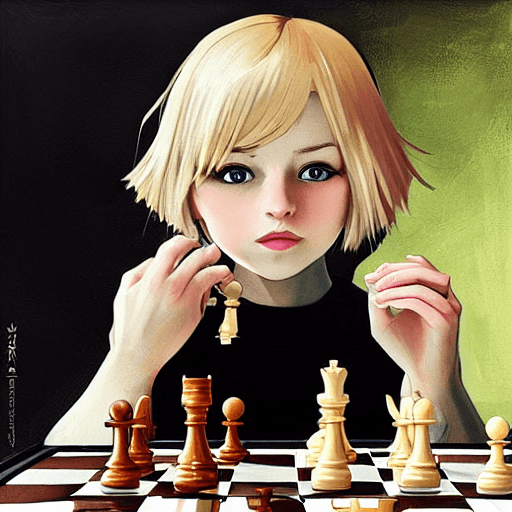 AI generated: Portrait by Ilya Kuvshinov of a beautiful blonde child playing chess at a table, slight smile, symme...