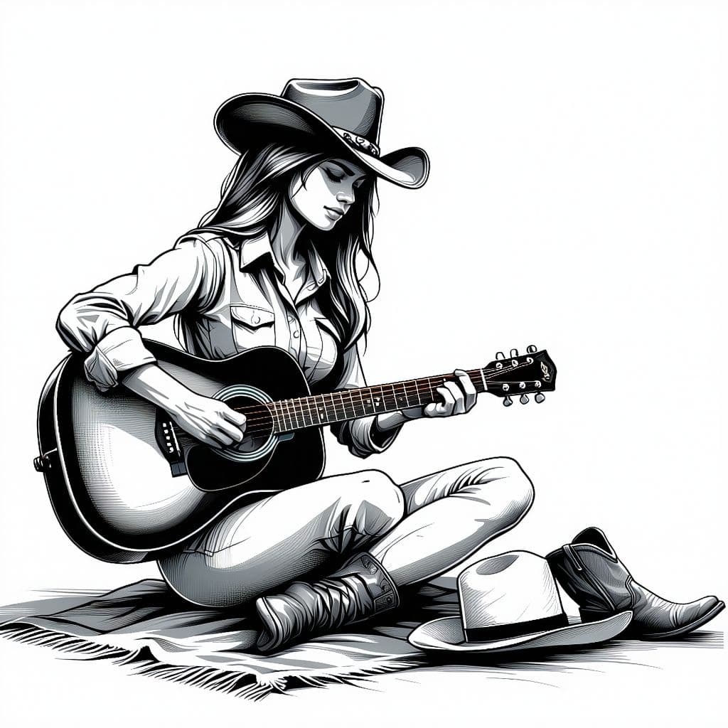 AI generated: "Cowgirl playing guitar while sitting cross-legged on a blanket, boots on, cowboy hat resting beside...
