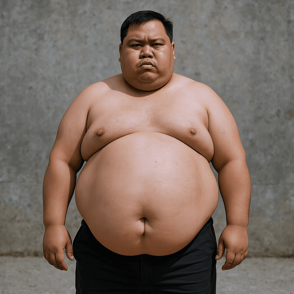 AI generated: Realistic. The fat Indonesian man stood up straight, his big, erect penis exposed.